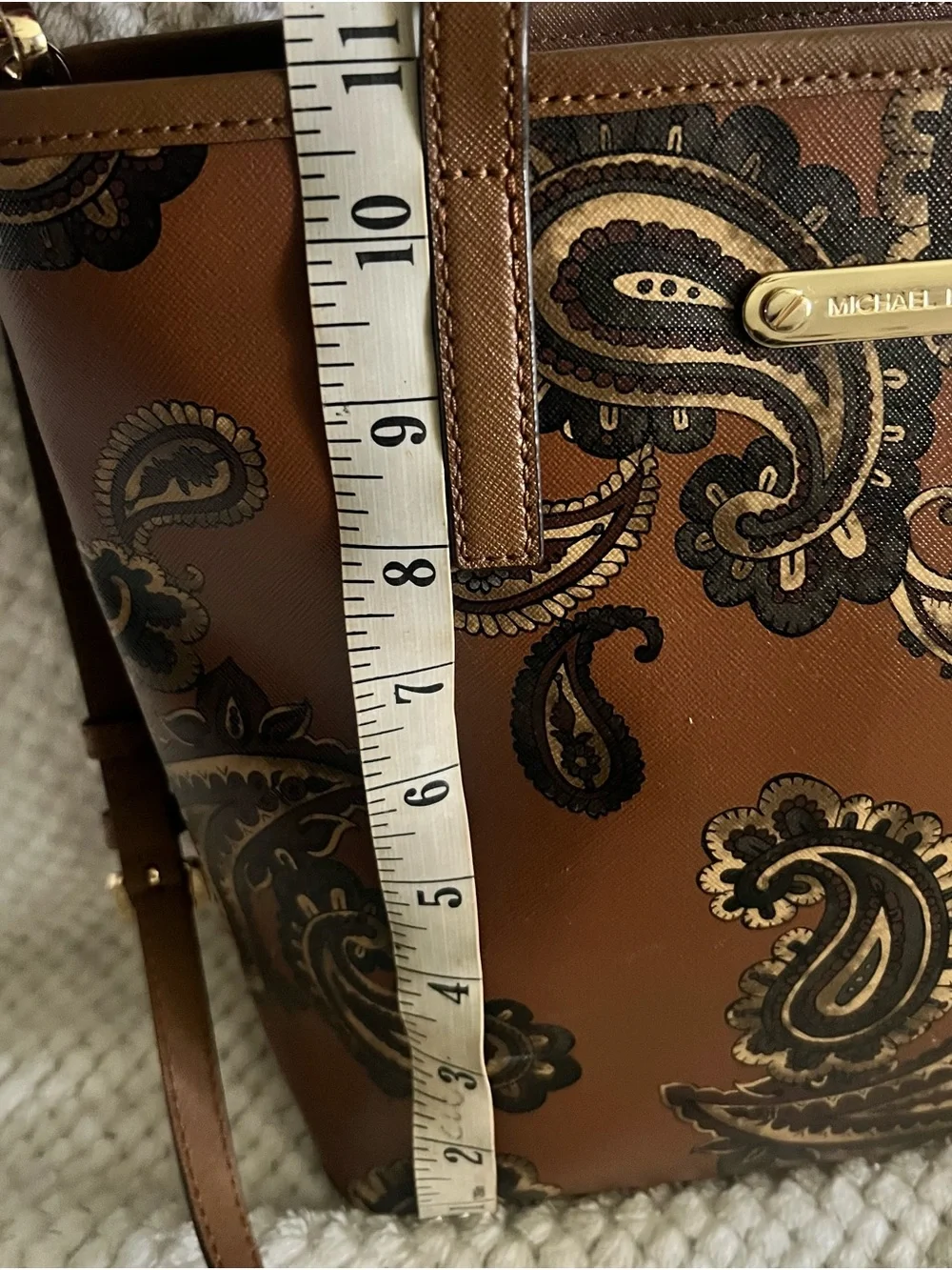 Michael Kors Brown Paisley-Print Tote with Gold Plaque
